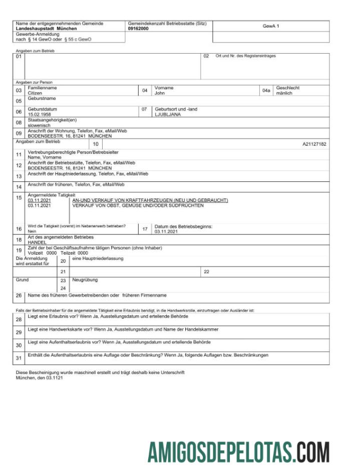 imprimível Modelo Word e PDF para registro de empresas no município da Alemanha